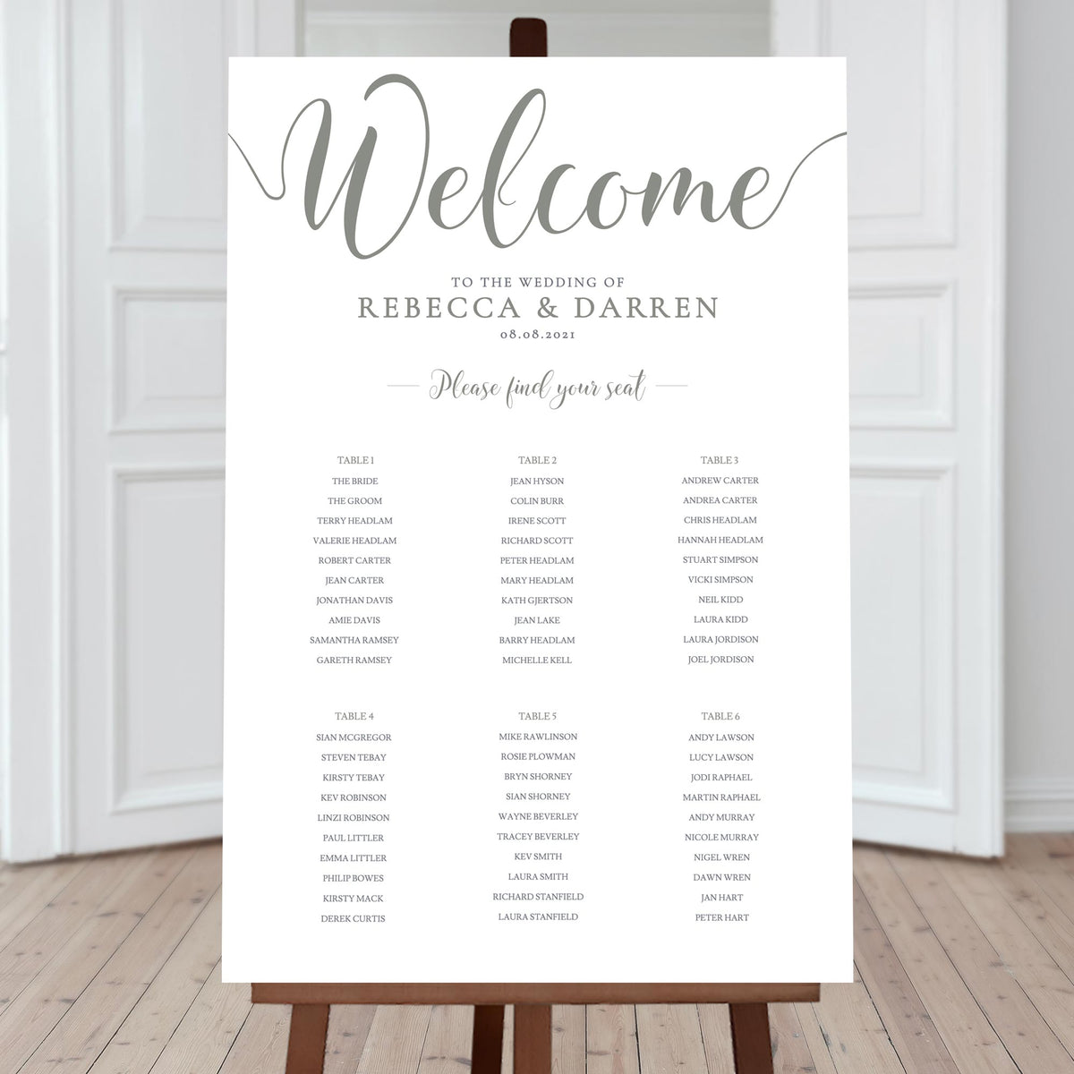 large olive green seating chart with 6 tables