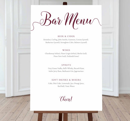 large printed editable bar menu sign in burgundy