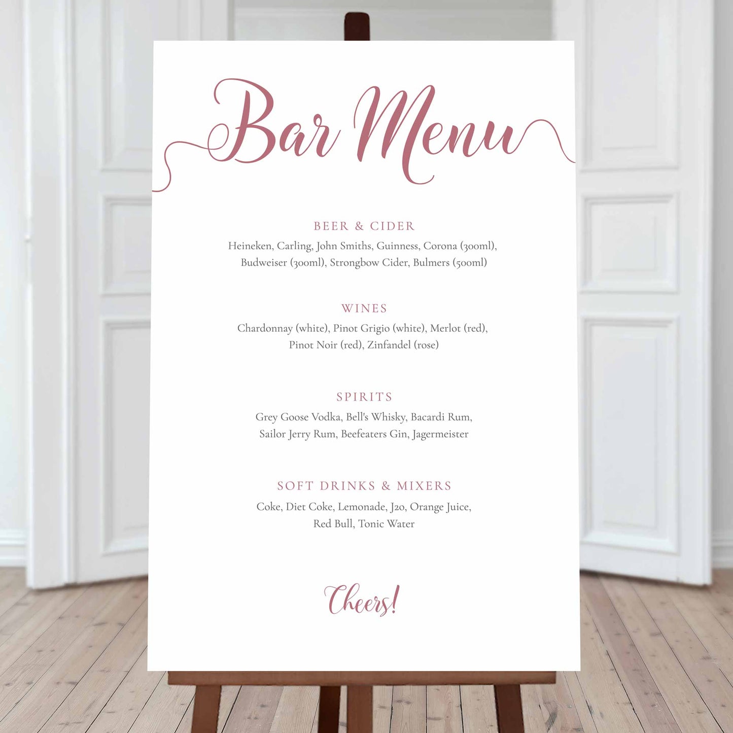 large printed editable bar menu sign in pastel pink