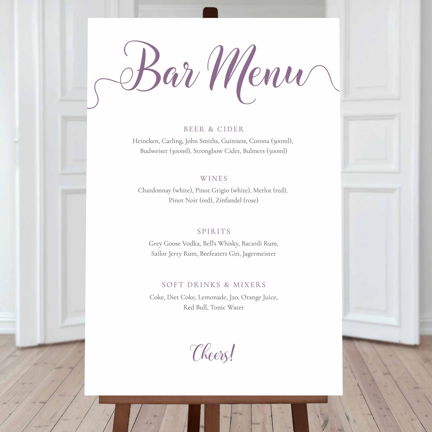 large printed editable bar menu sign in plum purple