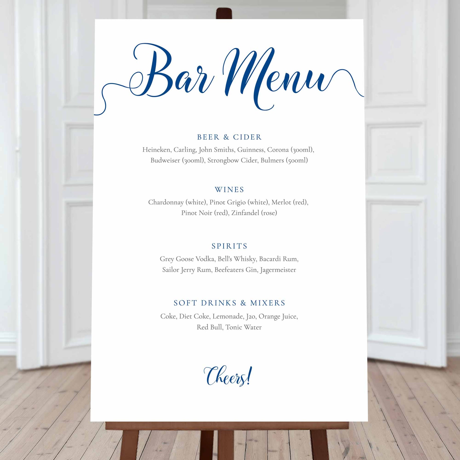 large printed editable bar menu sign in royal blue