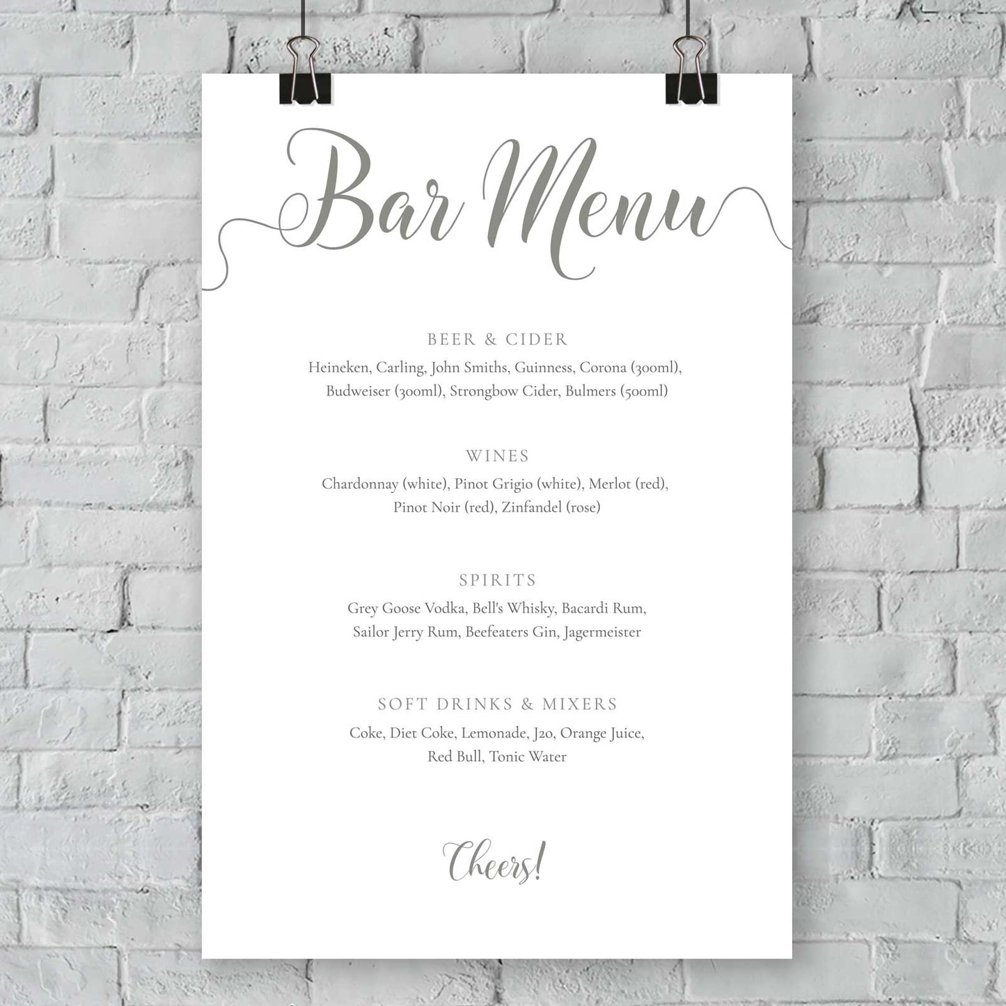 laurel green bar menu template printed on card mounted on a wall