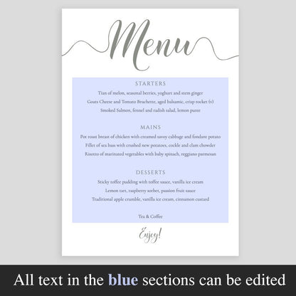 laurel green wedding menu template with editable section highlighted