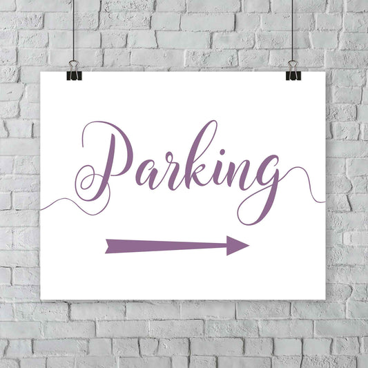 lavender purple parking lot arrow sign hanging from a wall