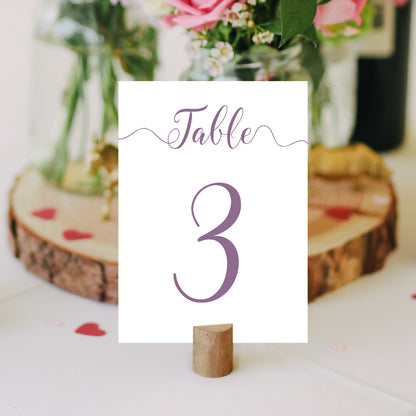lavender purple table number on a wedding table