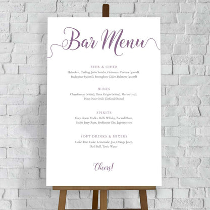 lavender purple wedding bar menu printed on white foam board