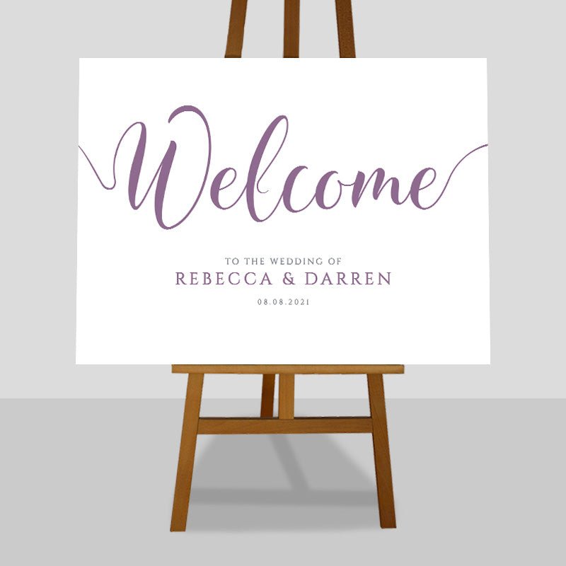 lavender purple wedding welcome sign on an easel