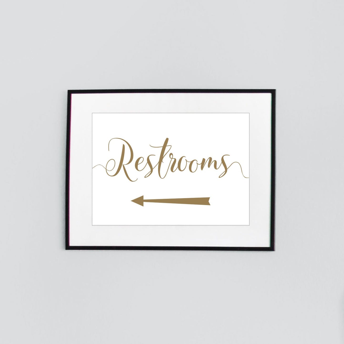 printable gold restrooms sign with left arrow