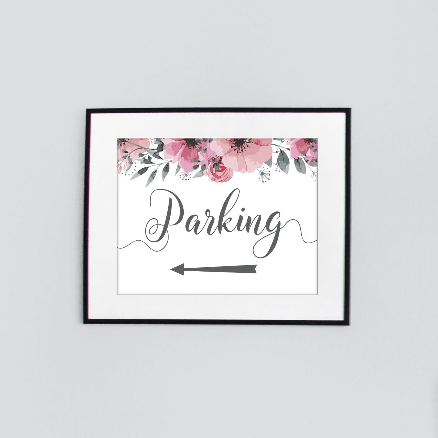 left arrow wedding parking sign with pink floral header