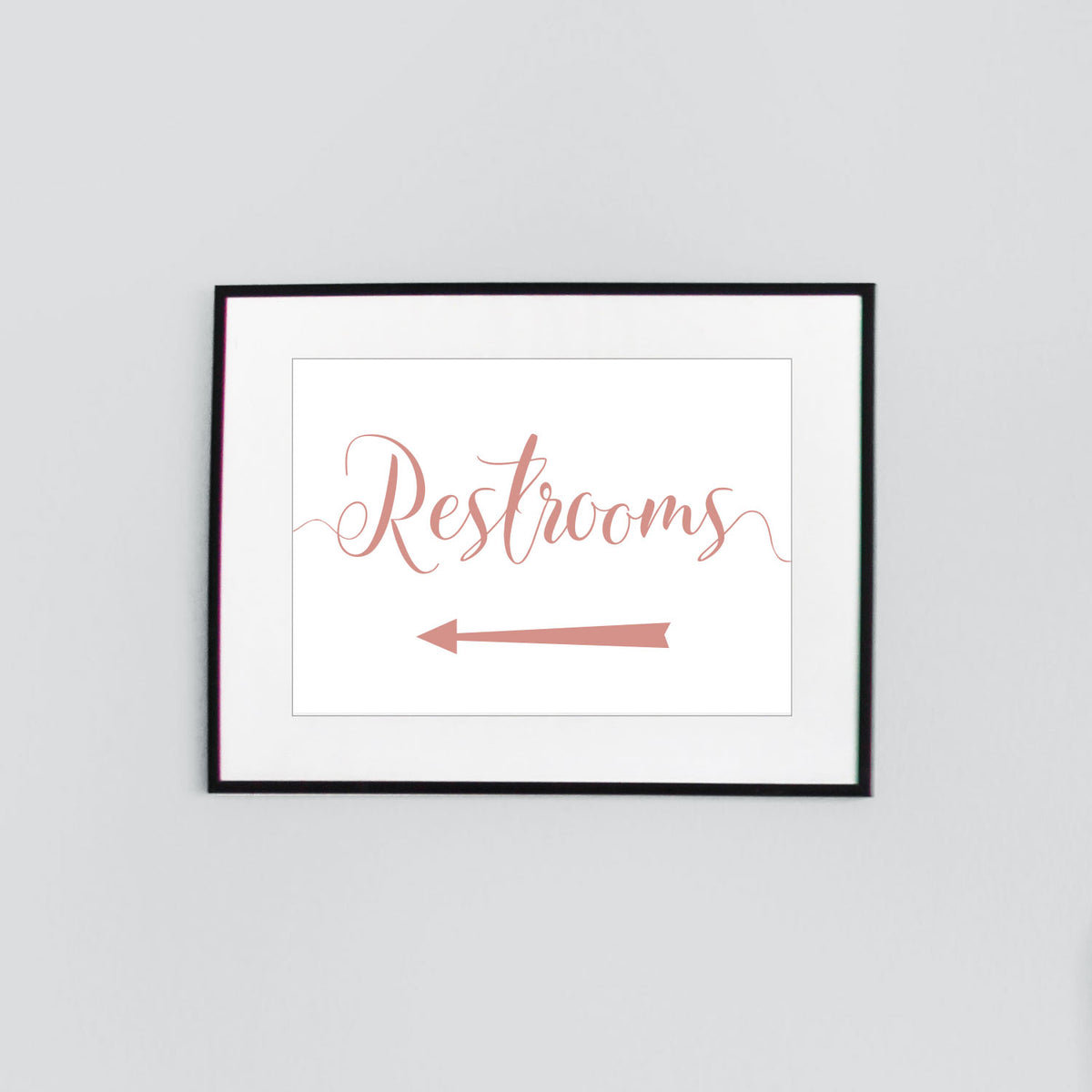 left arrow wedding restrooms sign digital download printed in salmon pink