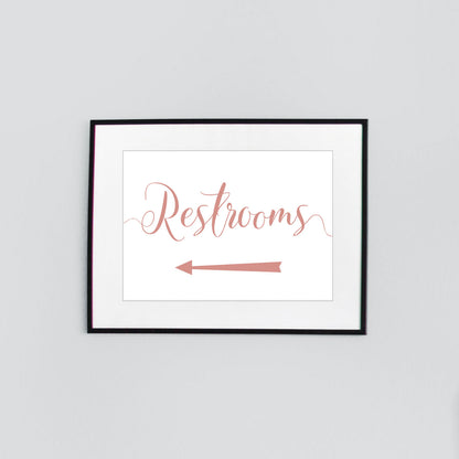 left arrow wedding restrooms sign digital download printed in salmon pink