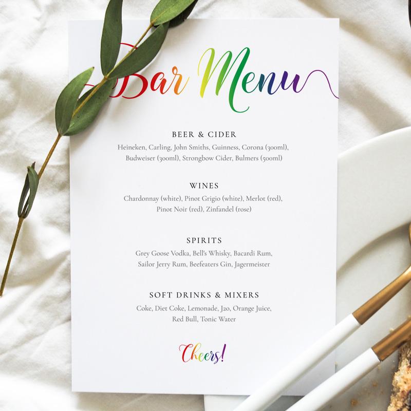 pride rainbow bar menu card on a wedding table