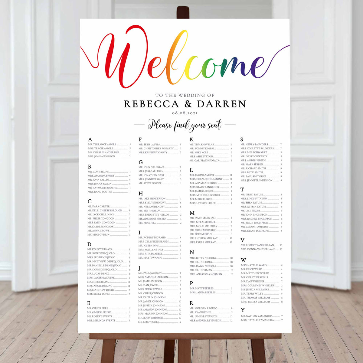 lgbt pride rainbow alphabetical wedding seating chart template