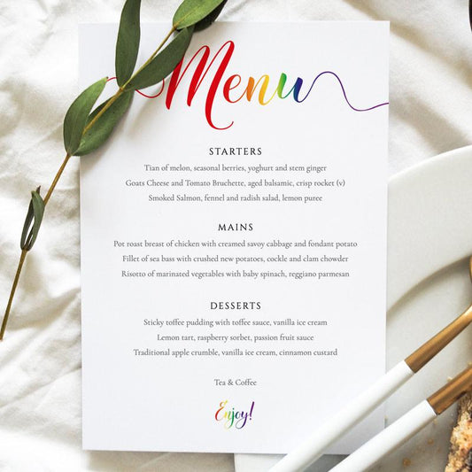 rainbow menu card template on a wedding table