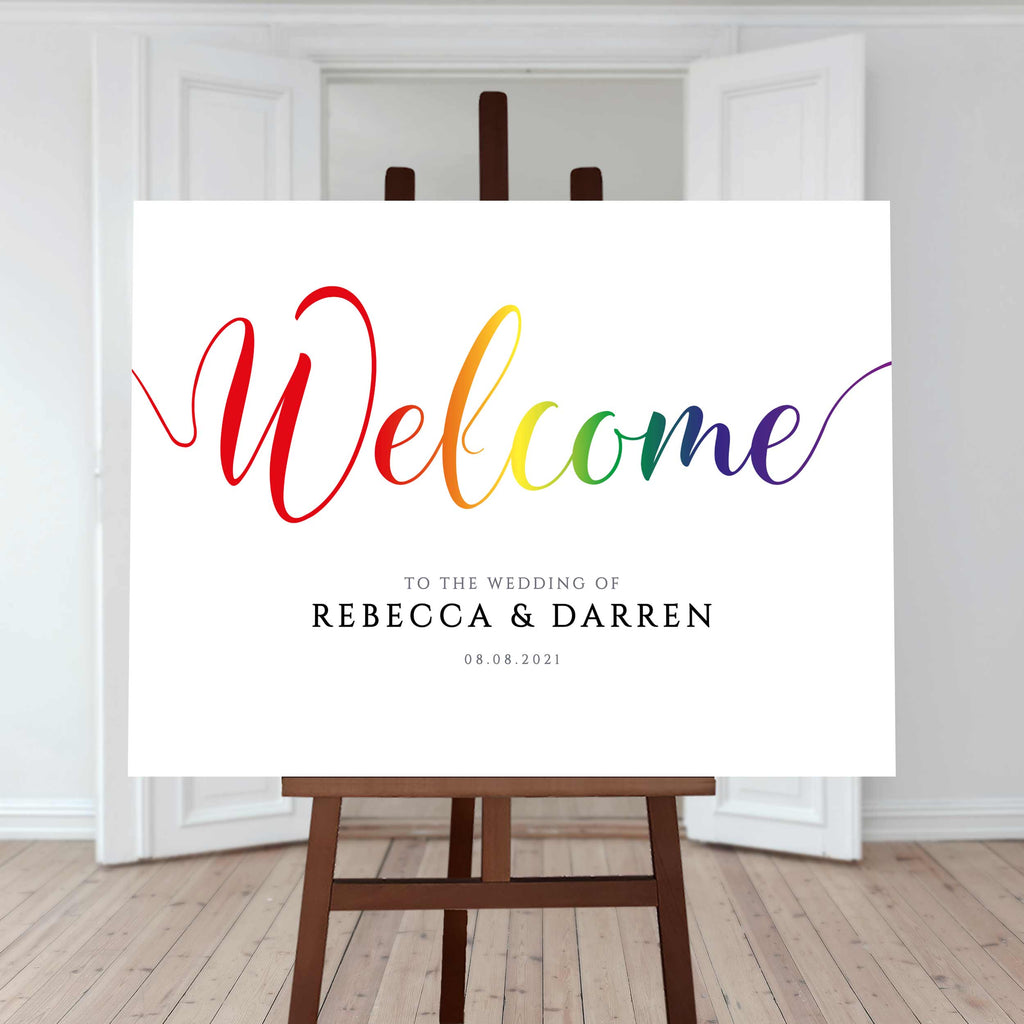 large rainbow welcome sign at a gay wedding