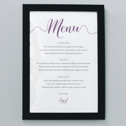 lilac 3 course wedding menu printed and framed