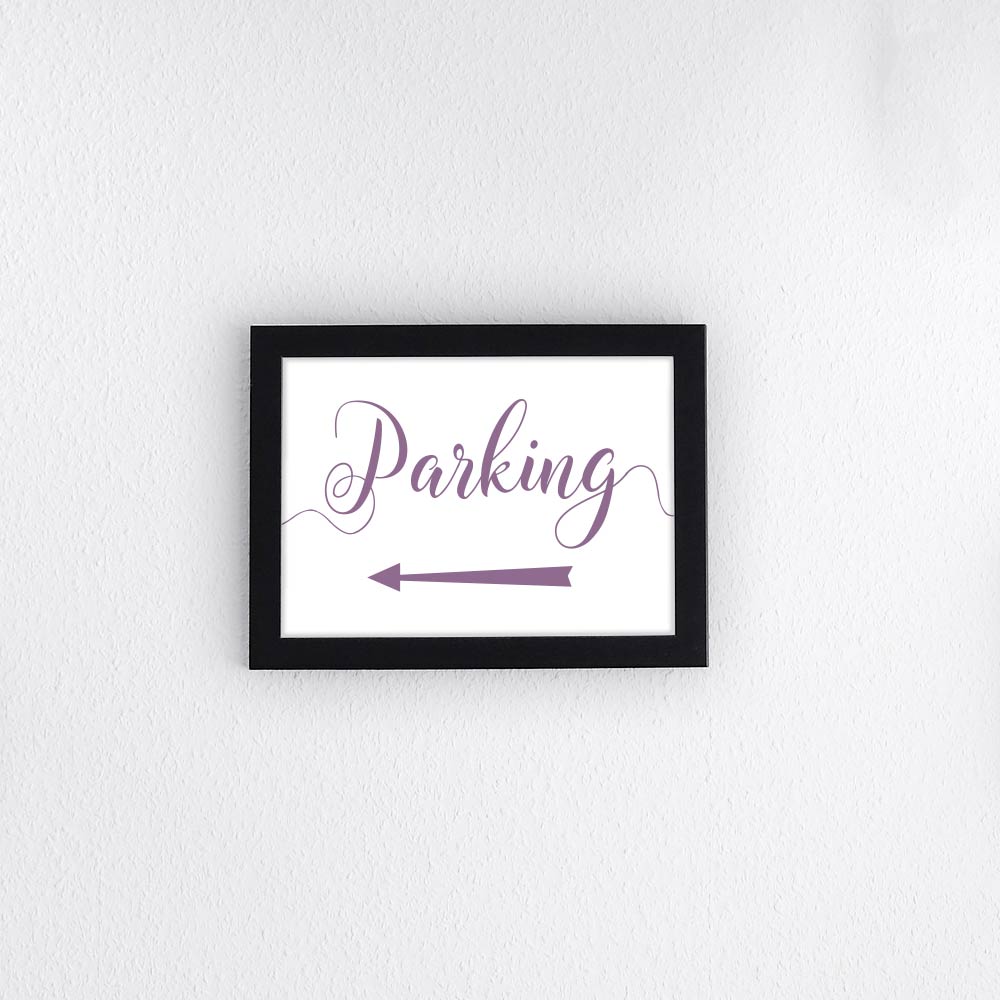 lilac purple directional parking sign with arrow pointing left