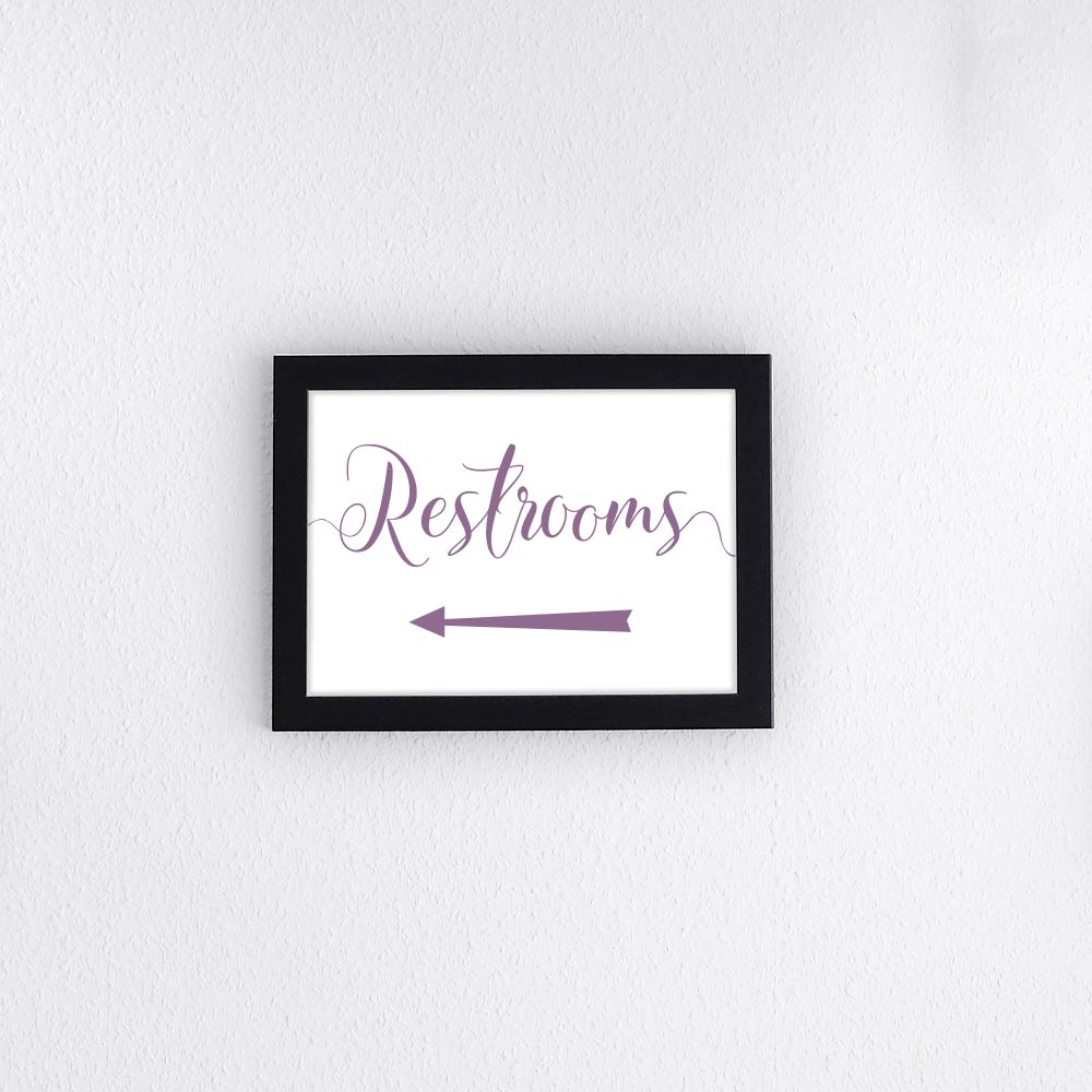 lilac purple wedding restrooms directional arrow sign in a frame