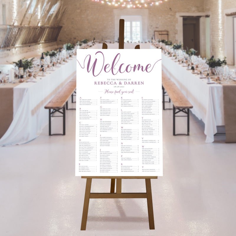 lilac seating chart at wedding reception