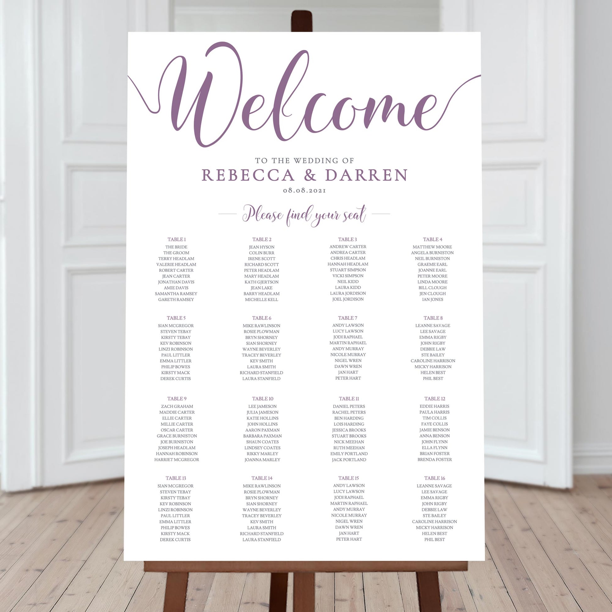 lilac wedding seating chart with 16 tables