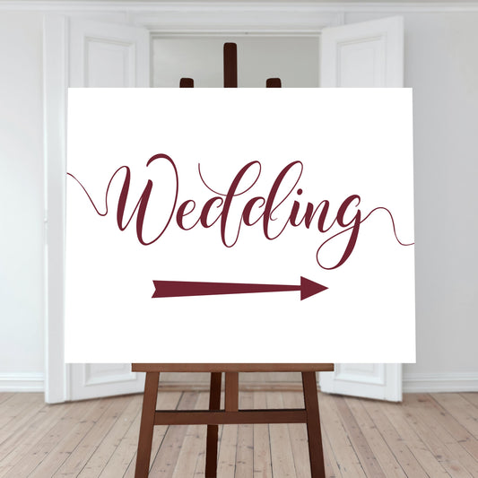 maroon wedding directions sign with a right arrow