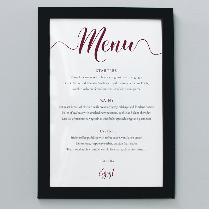 maroon wedding menu print in a frame