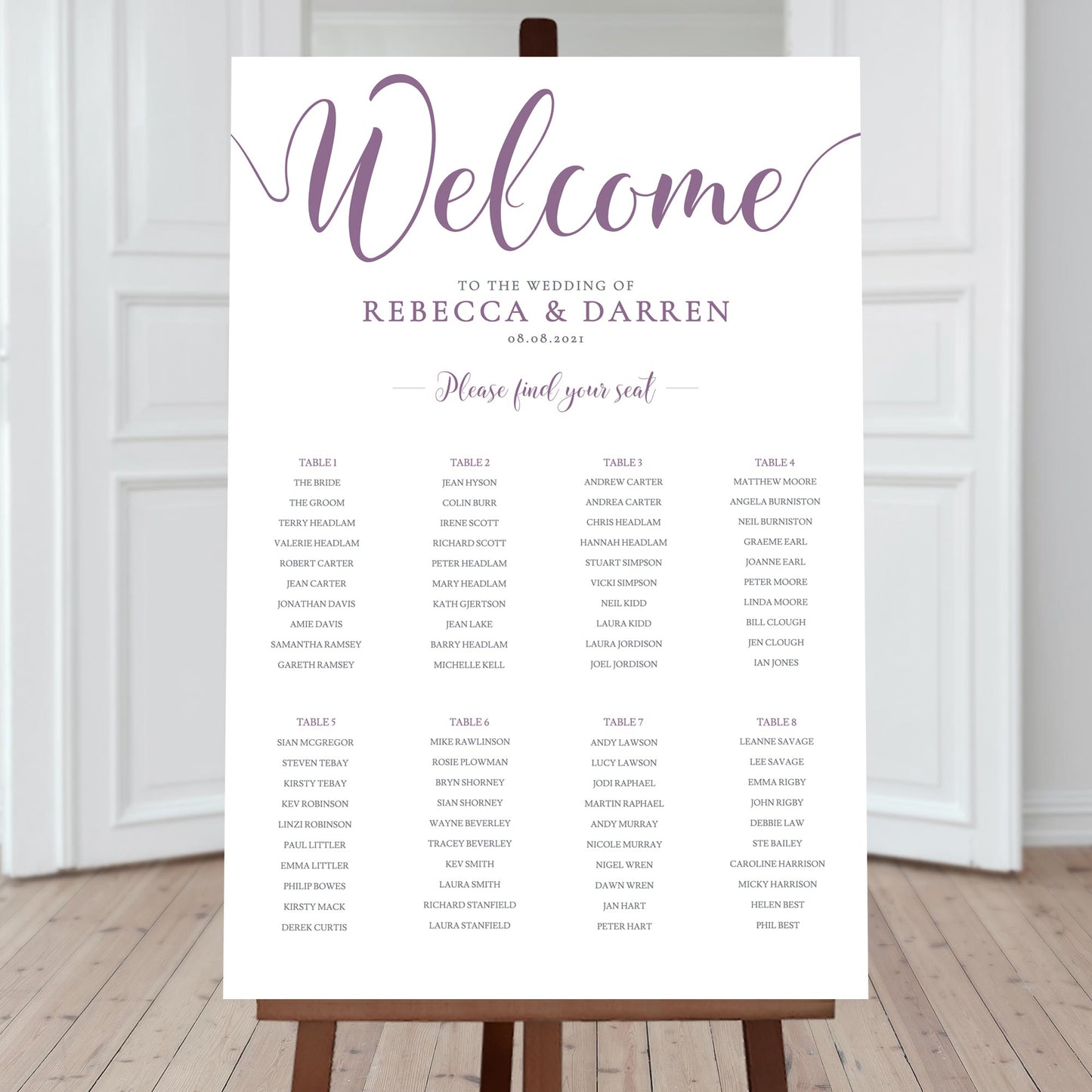 mauve wedding seating chart with 8 tables