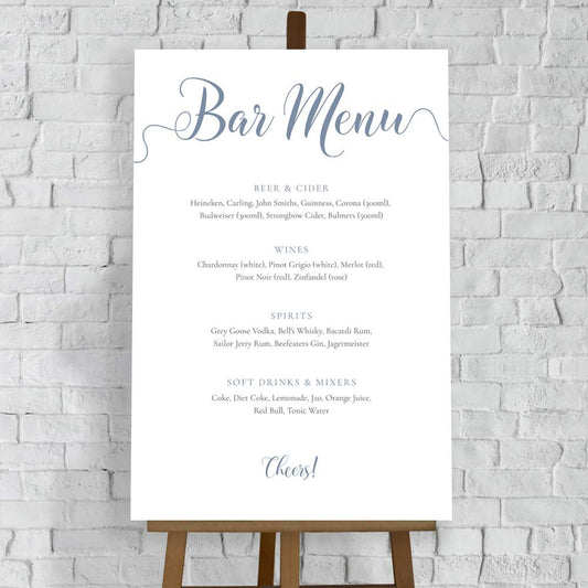 misty blue wedding bar menu printed on white foam board