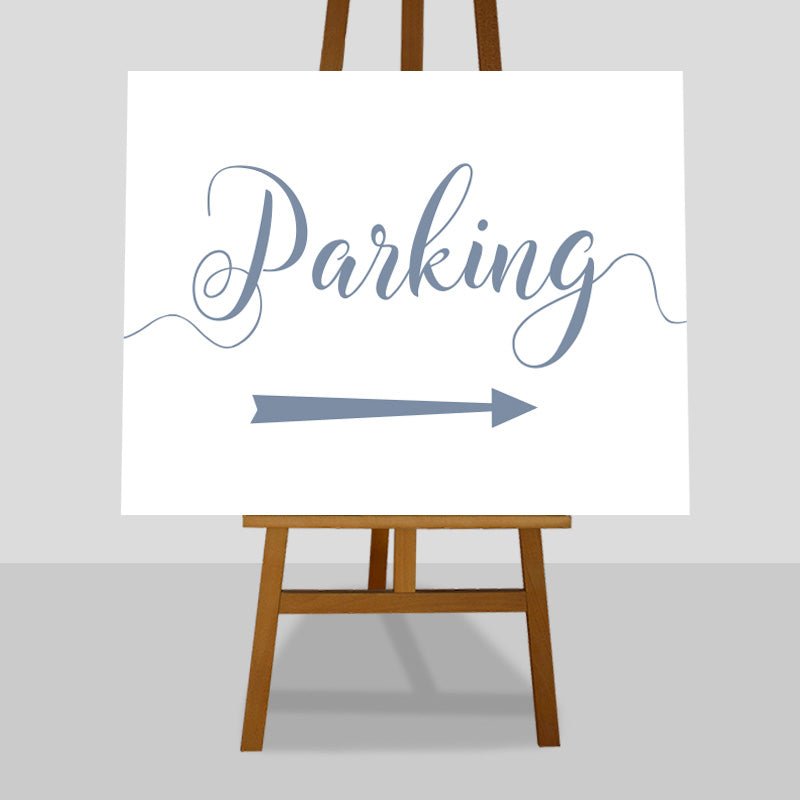 misty blue wedding parking arrow sign on an easel