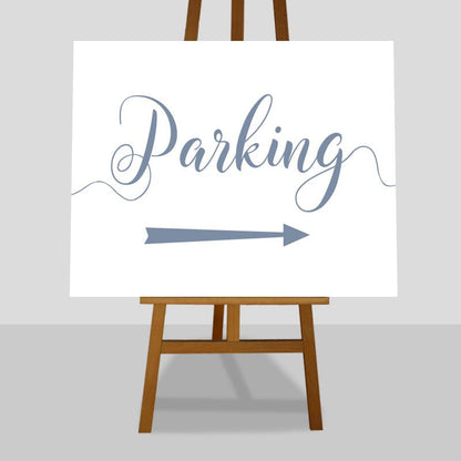 misty blue wedding parking arrow sign on an easel