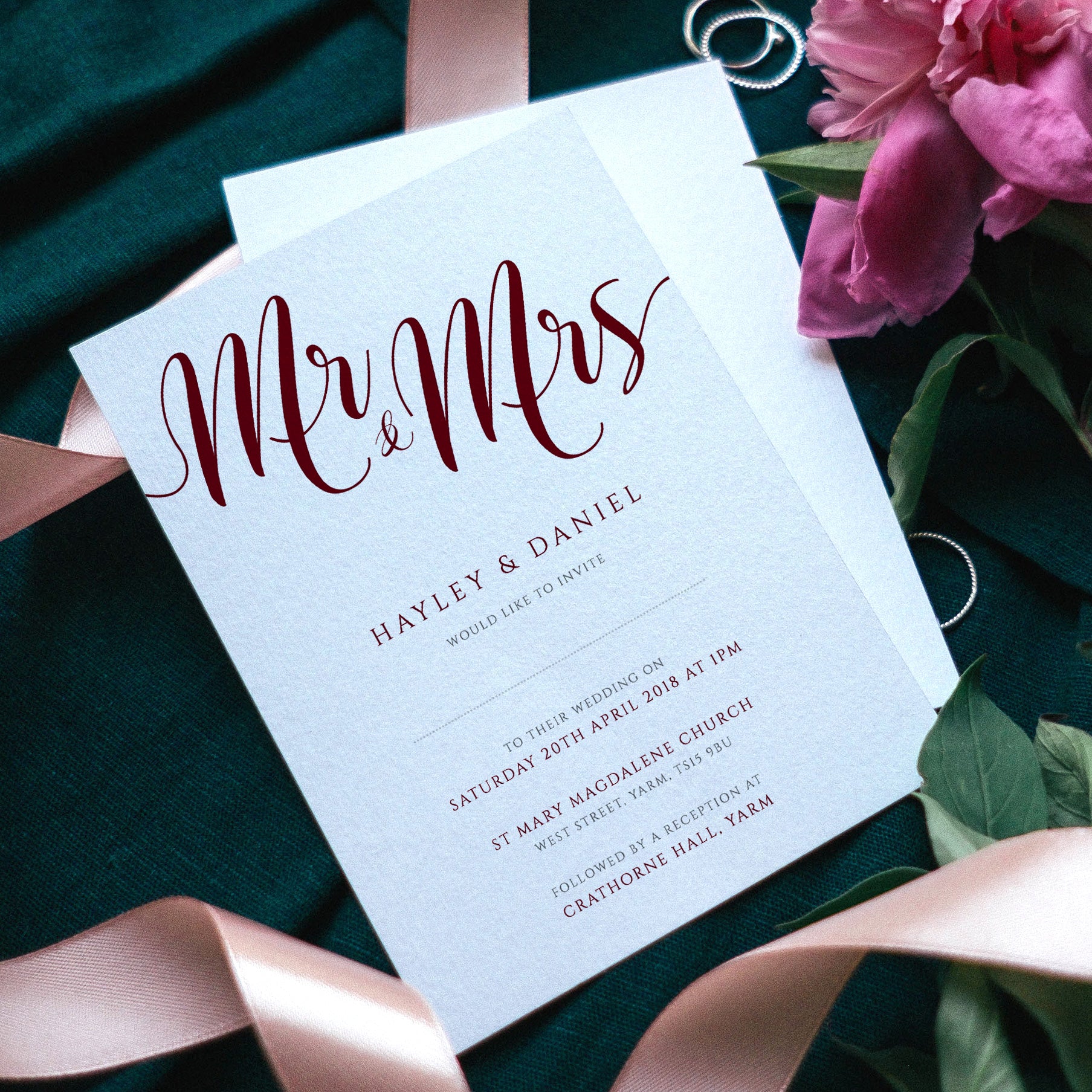 mr and mrs dark red wedding invitations with flowers and ribbons