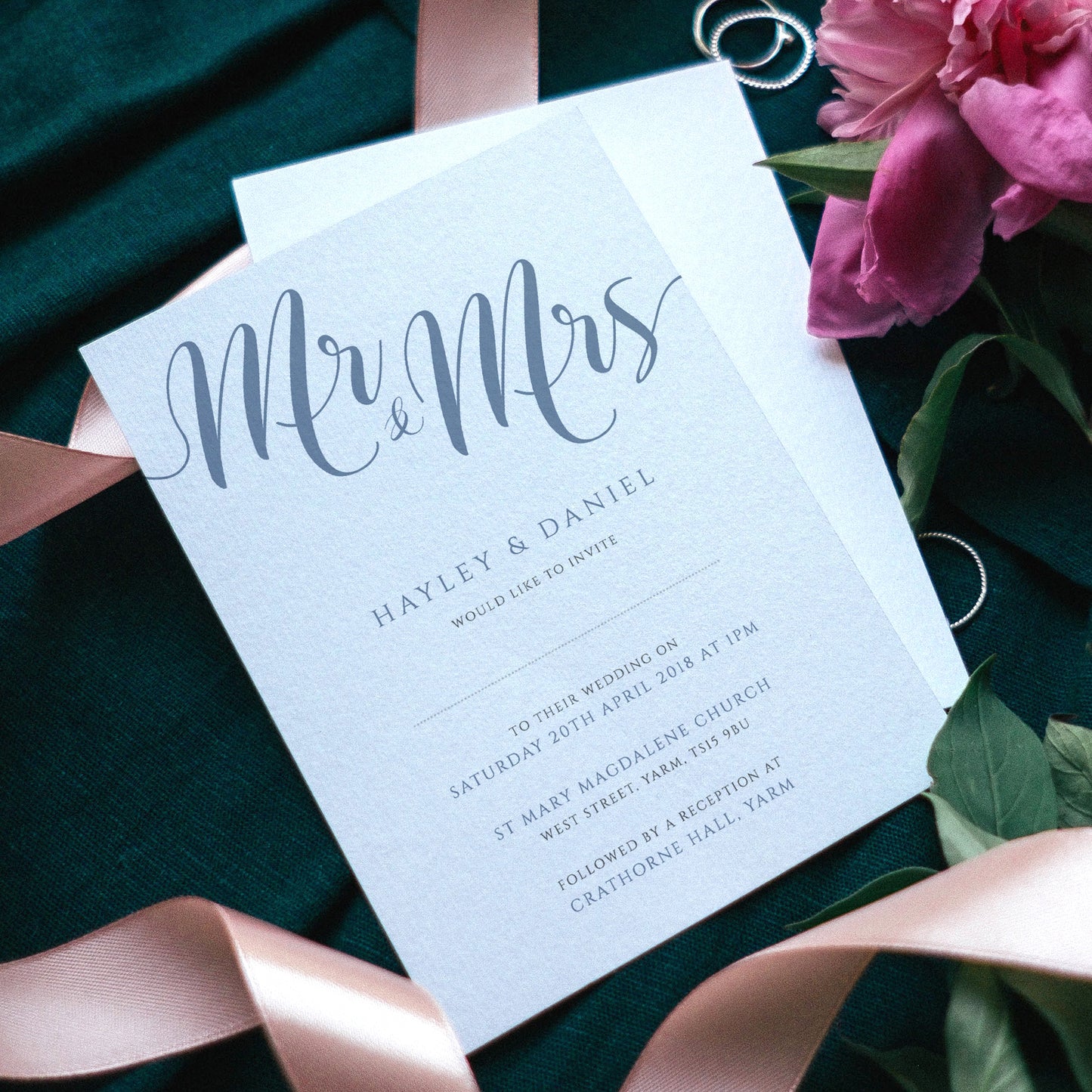 mr and mrs dusty blue wedding invitations with flowers and ribbons