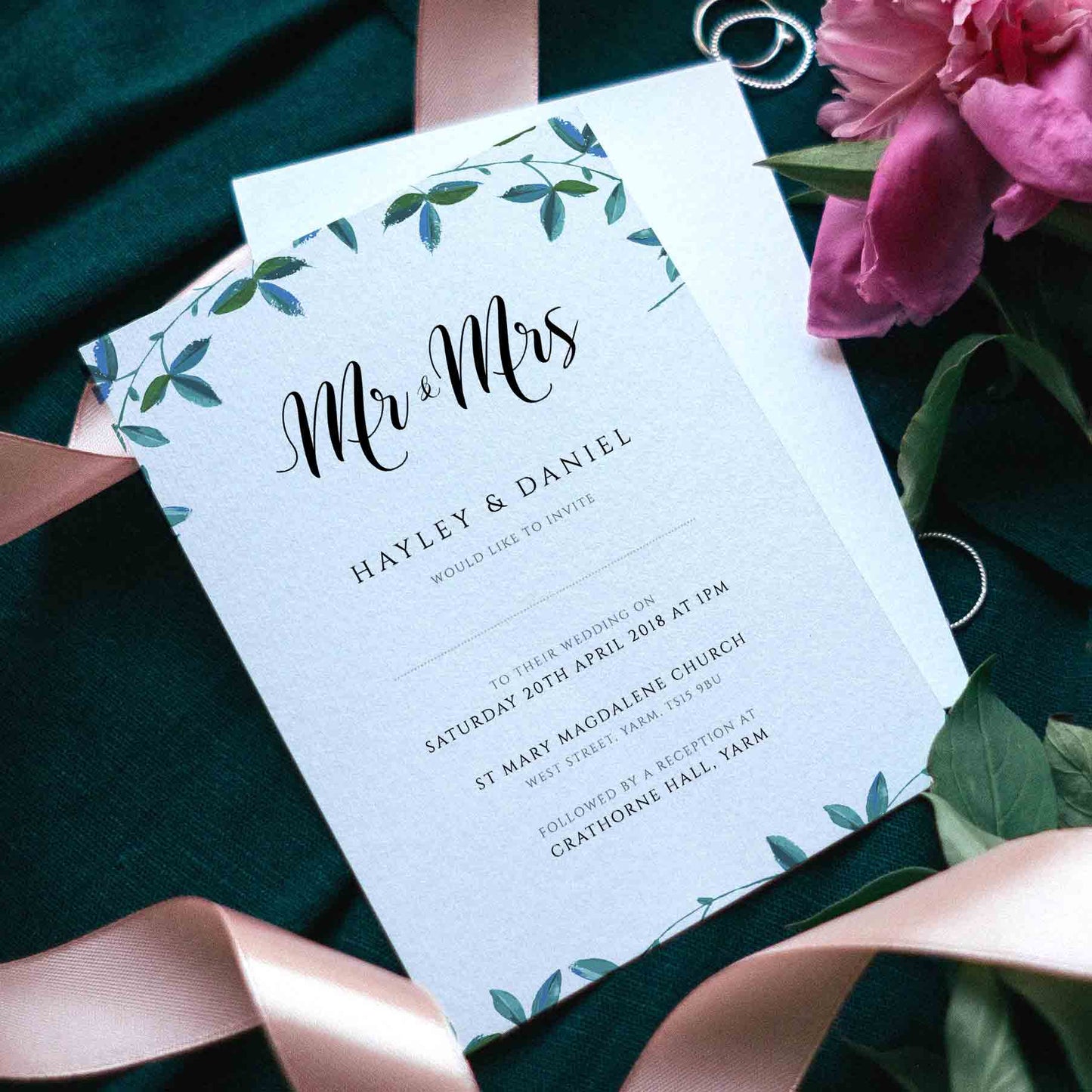 mr and mrs eucalyptus wedding invitation flowers ribbons
