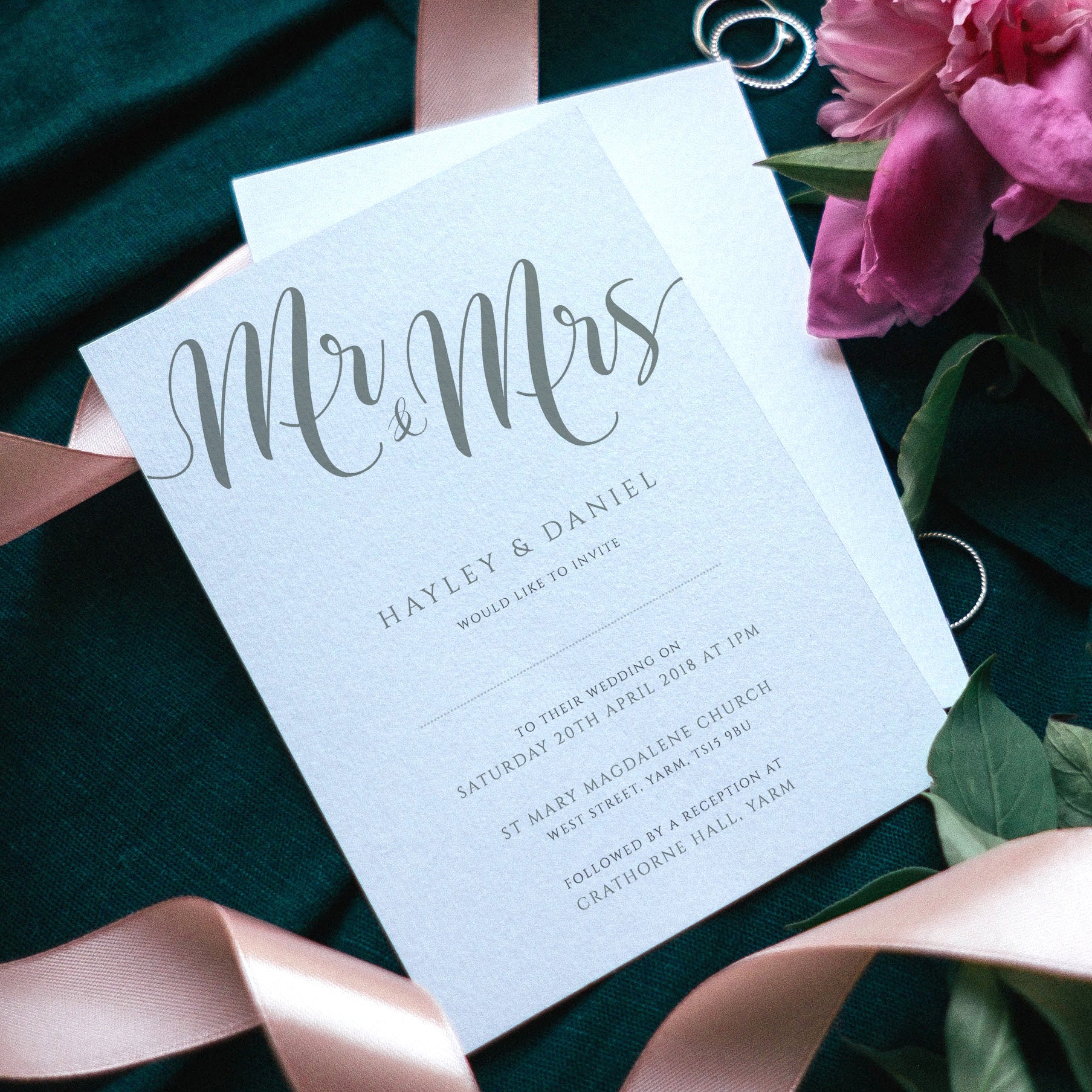 mr and mrs mint green wedding invitations with flowers and ribbons