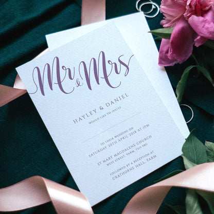 mr and mrs mulberry purple wedding invitations with flowers and ribbons