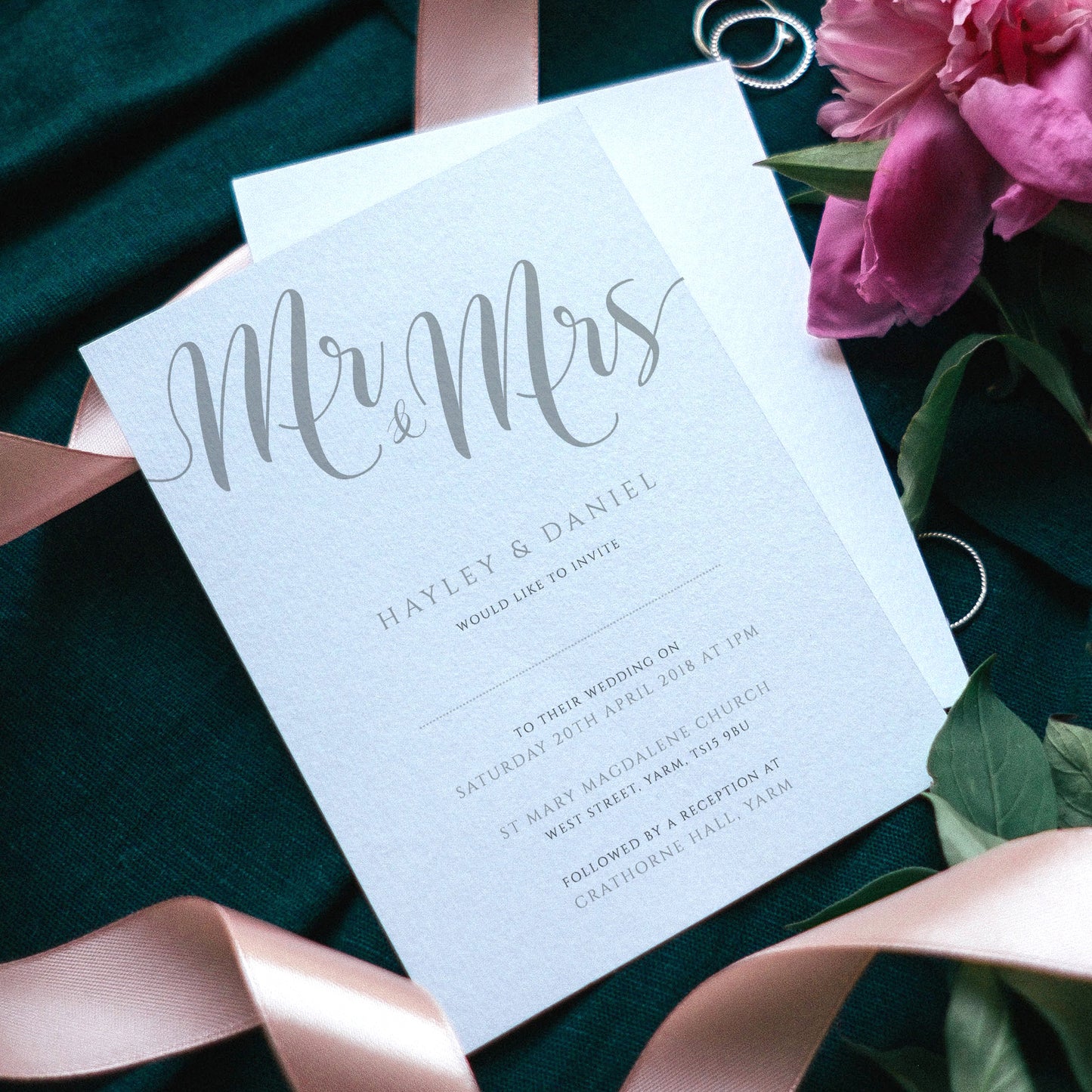 mr and mrs silver wedding invitations with flowers and ribbons