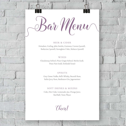 mulberry purple bar menu template printed on card mounted on a wall