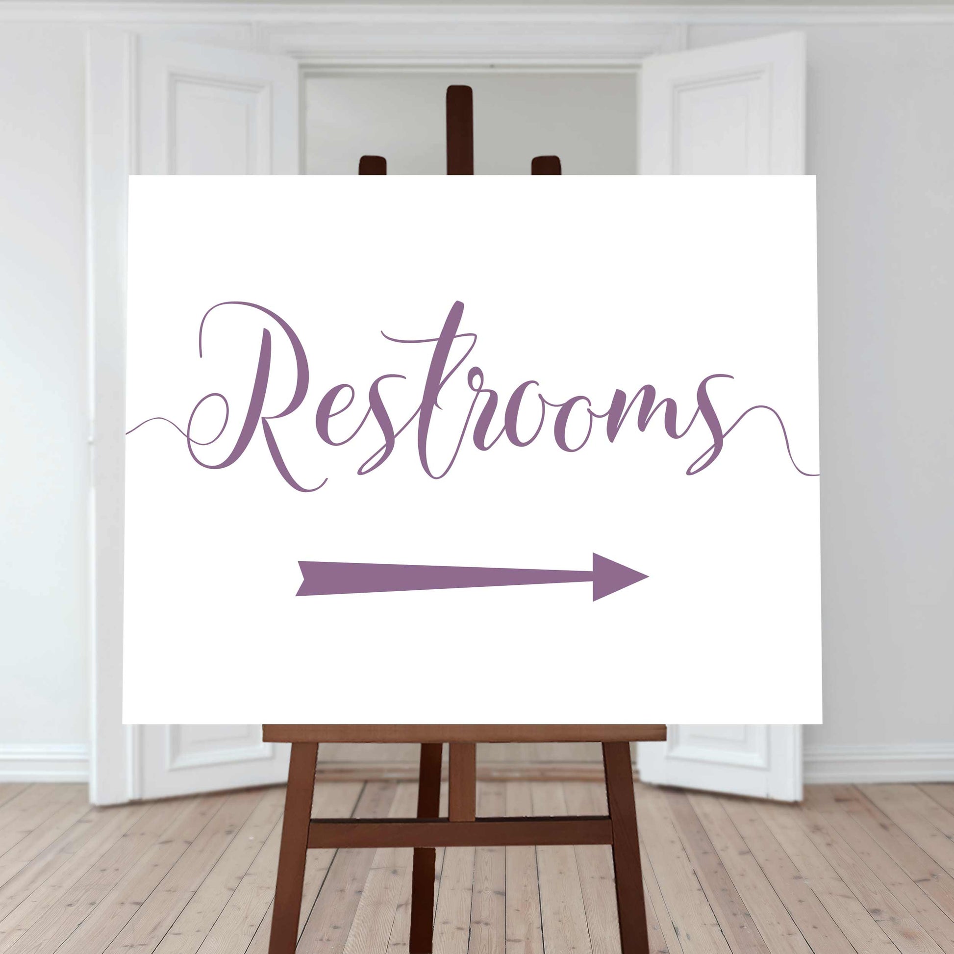 mulberry purple restroom directions sign with an arrow pointing right