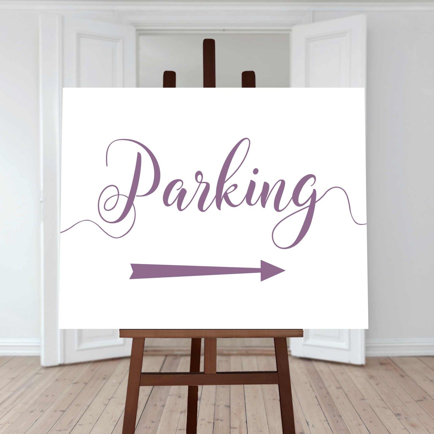 mulberry purple wedding car park directions sign with an arrow pointing right