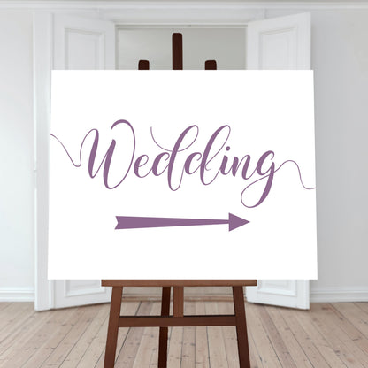 mulberry purple wedding directions sign with a right arrow