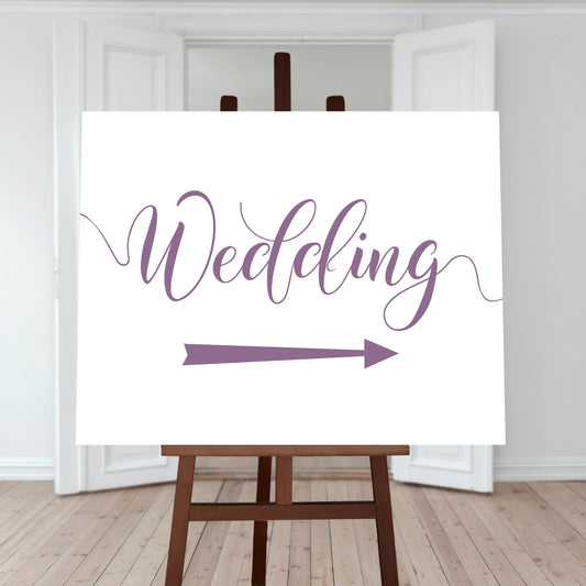 mulberry purple wedding directions sign with a right arrow