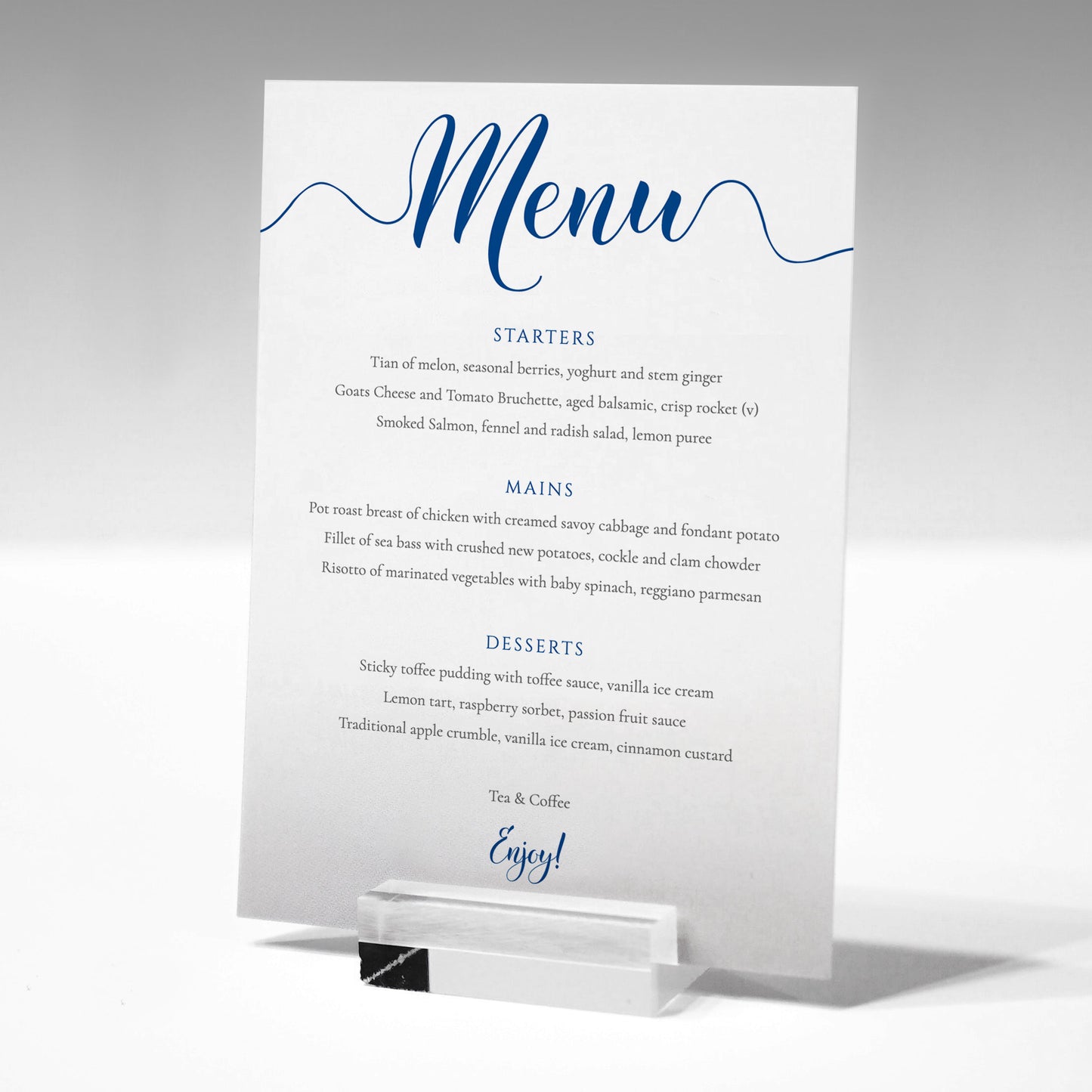 nautical 3 course wedding menu card in a glass menu stand