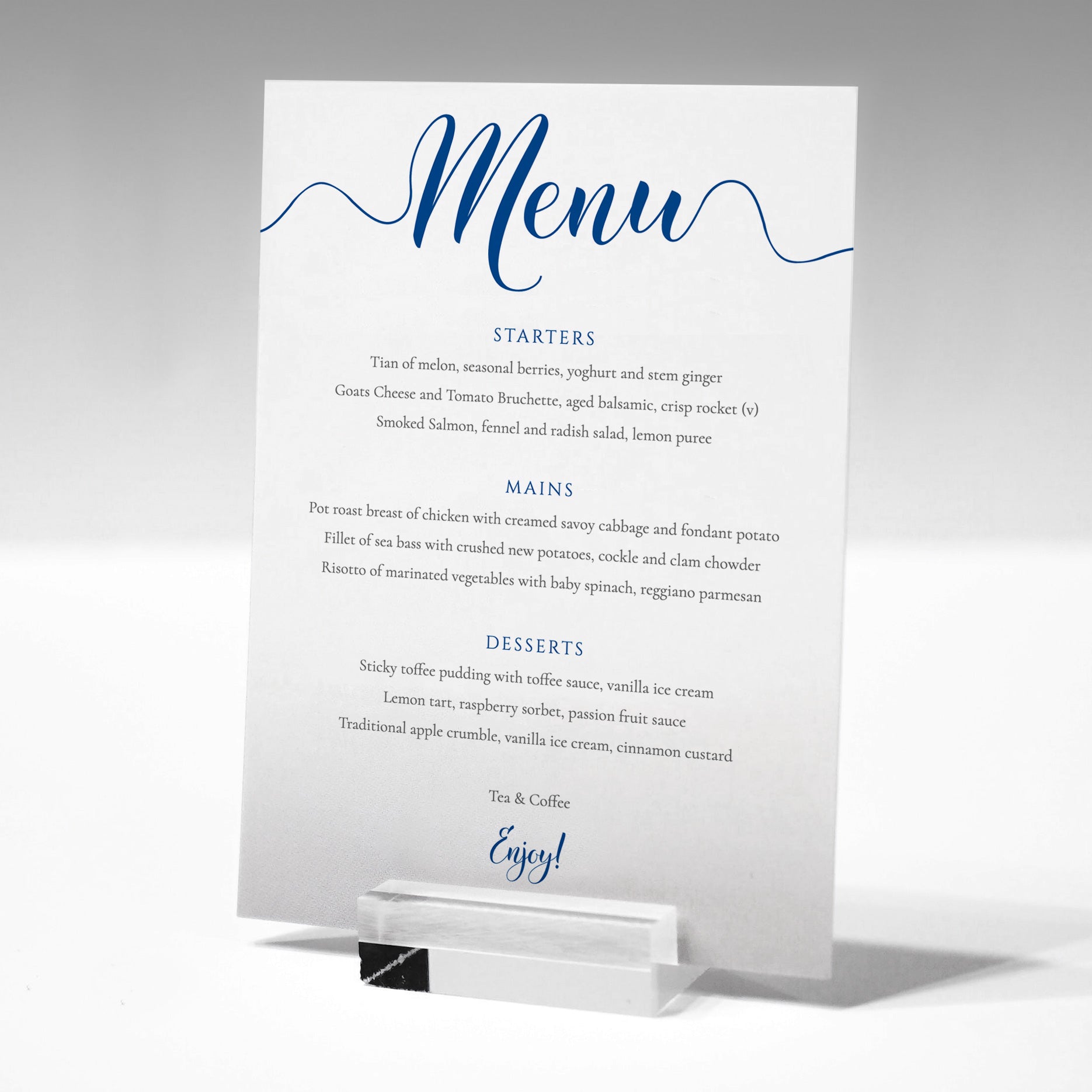 nautical 3 course wedding menu card in a glass menu stand