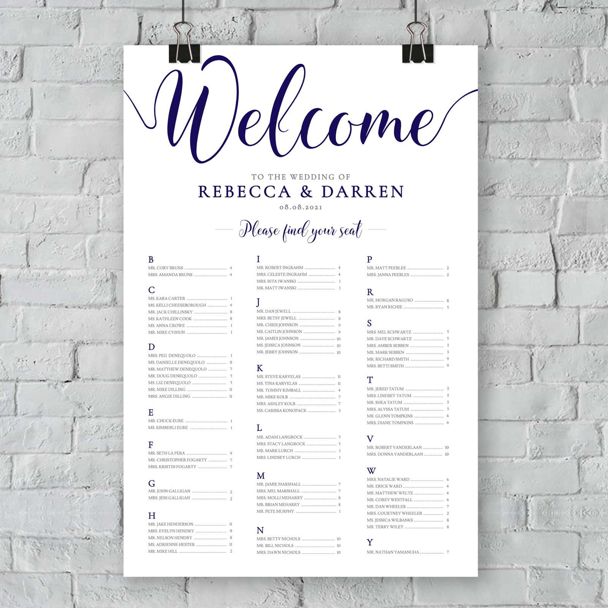 navy outdoor wedding seating plan in alphabetical order
