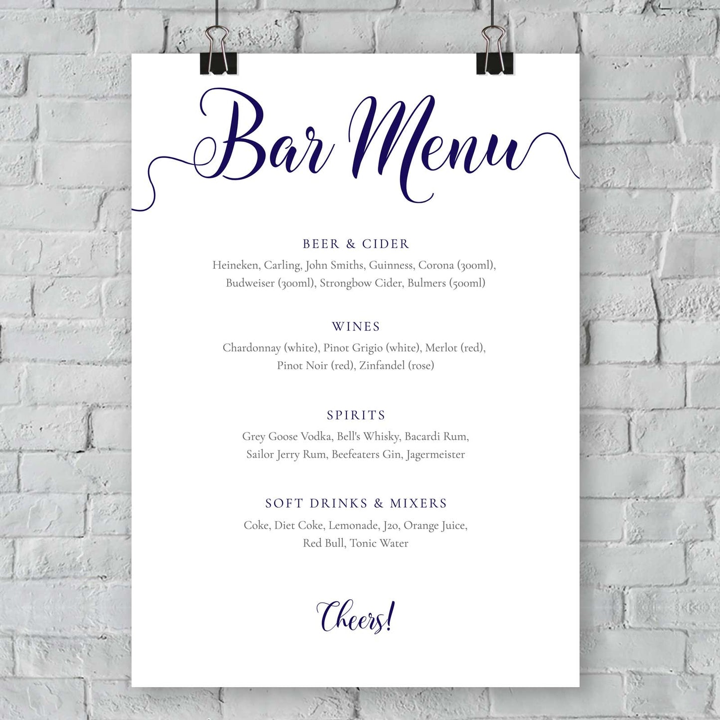 outdoor wedding navy bar menu