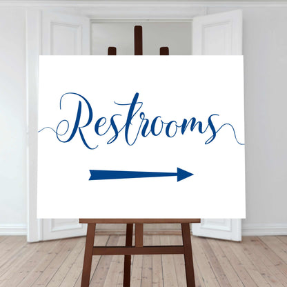 nautical blue restroom directions sign with an arrow pointing right