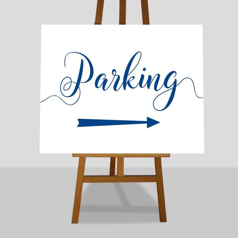 nautical blue wedding parking arrow sign on an easel