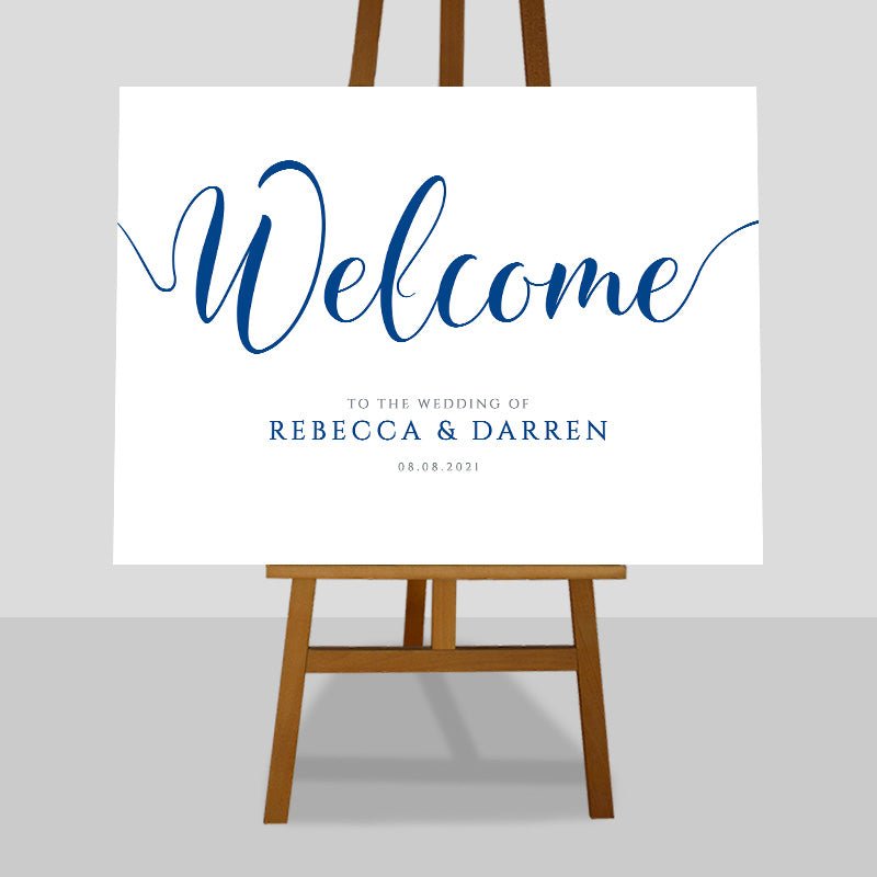 nautical ocean blue wedding welcome sign on an easel