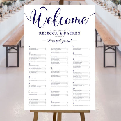 navy a-z table plan at a rustic wedding