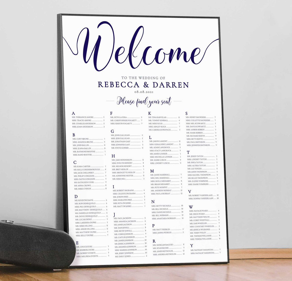 navy alphabetical seating chart framed print
